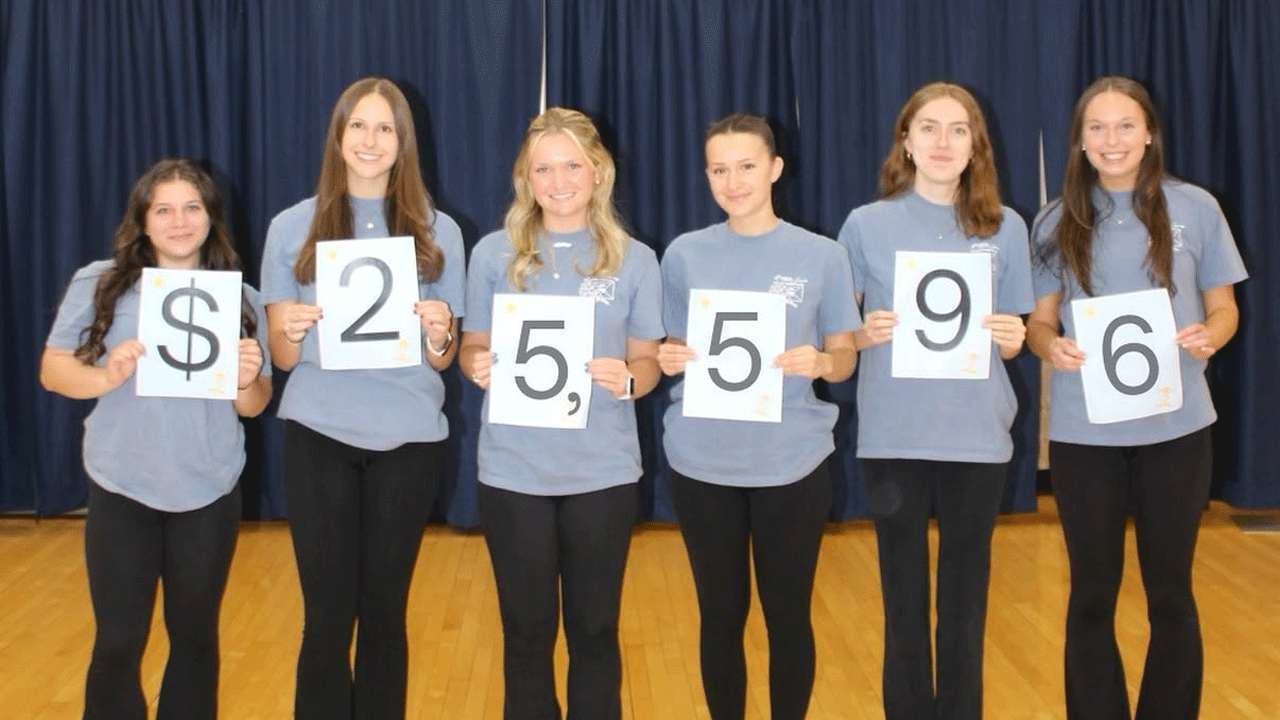 QTHON management students hold up the numbers $25,596